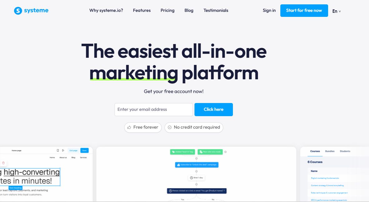 Screenshot from Systeme's new homepage