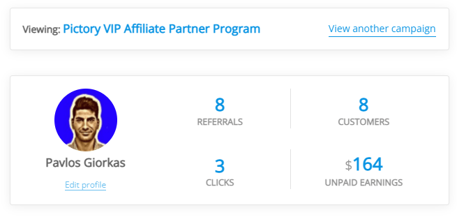 Screenshot from my Pictory affiliate dashboard