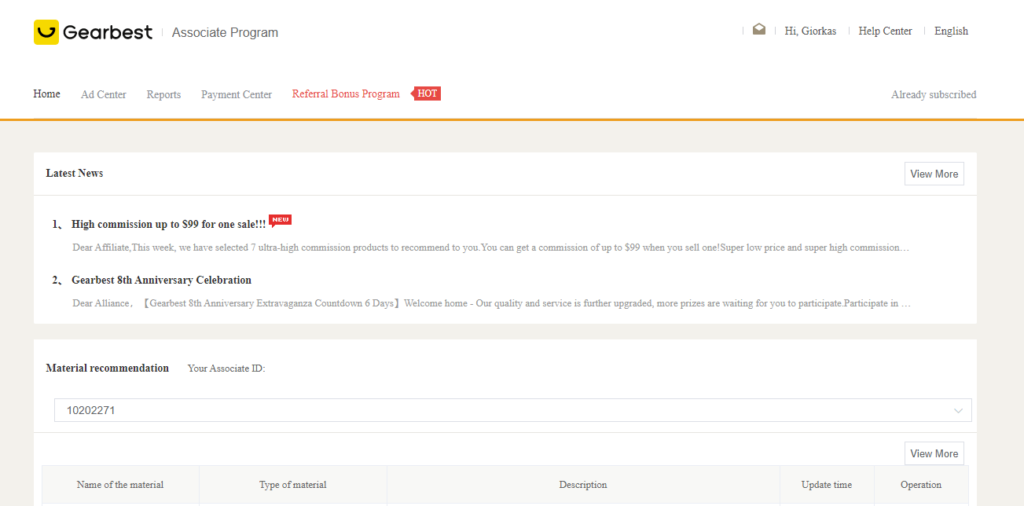 Screenshot from GearBest Associates dashboard