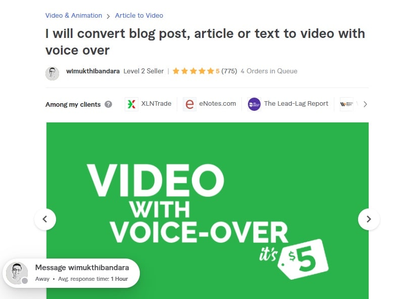 Screenshot of a Fiverr gig that offers text to video