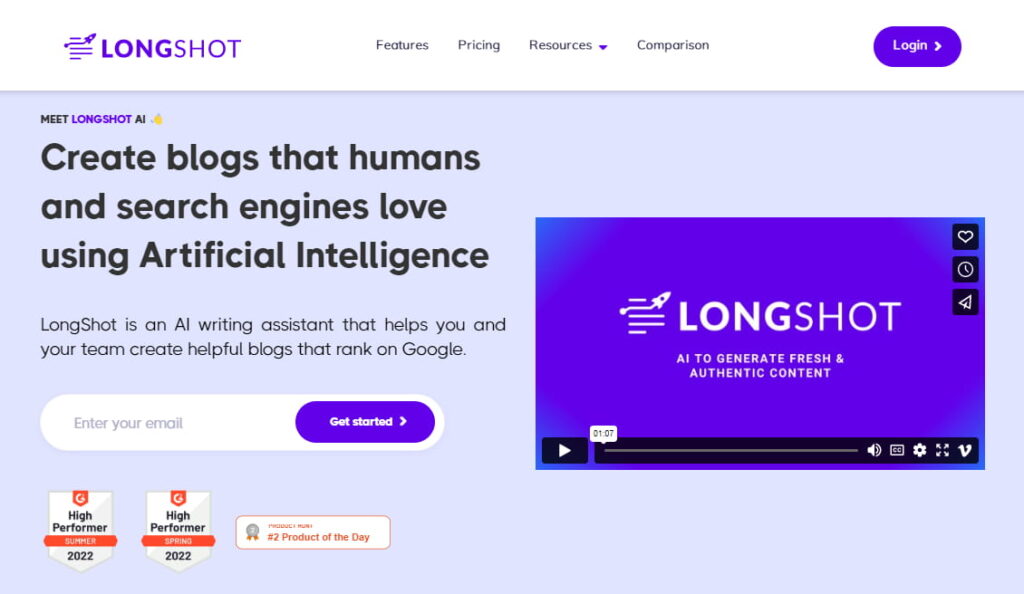 LongShot AI writing assistant homepage screenshot