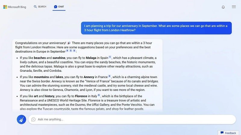 Bing's Chatbot in action