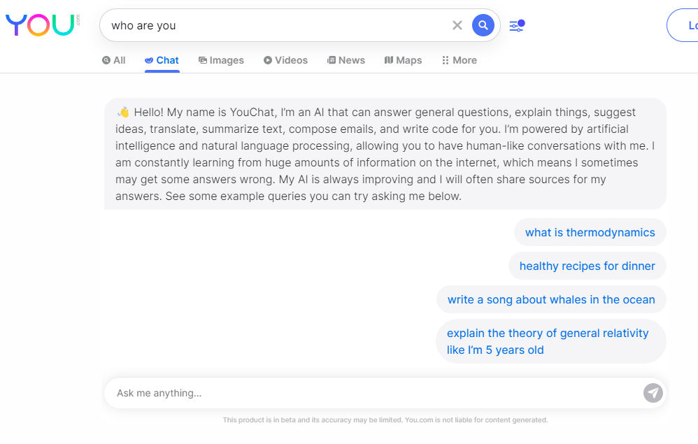 You.com's chatbot feature