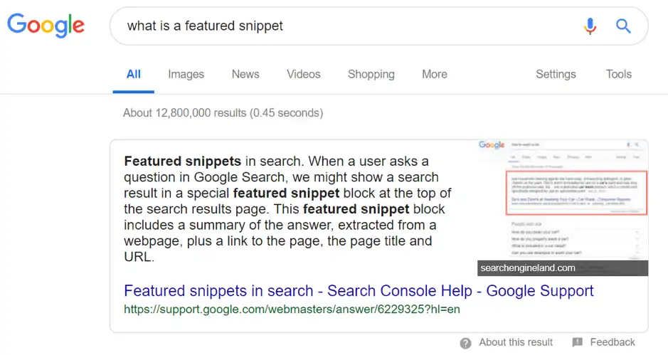 A featured snippet example on Google Search engine