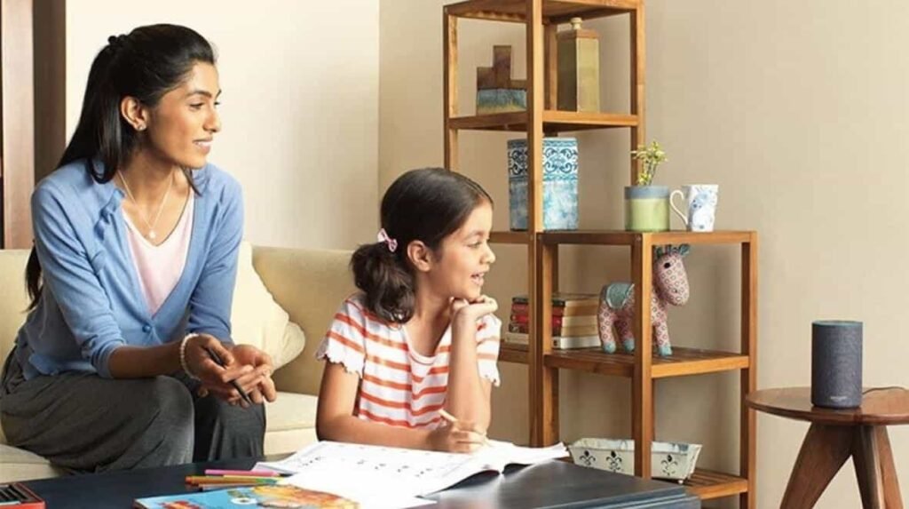 A woman with her daughter are in the leaving room talking to ALEXA -a voice search device