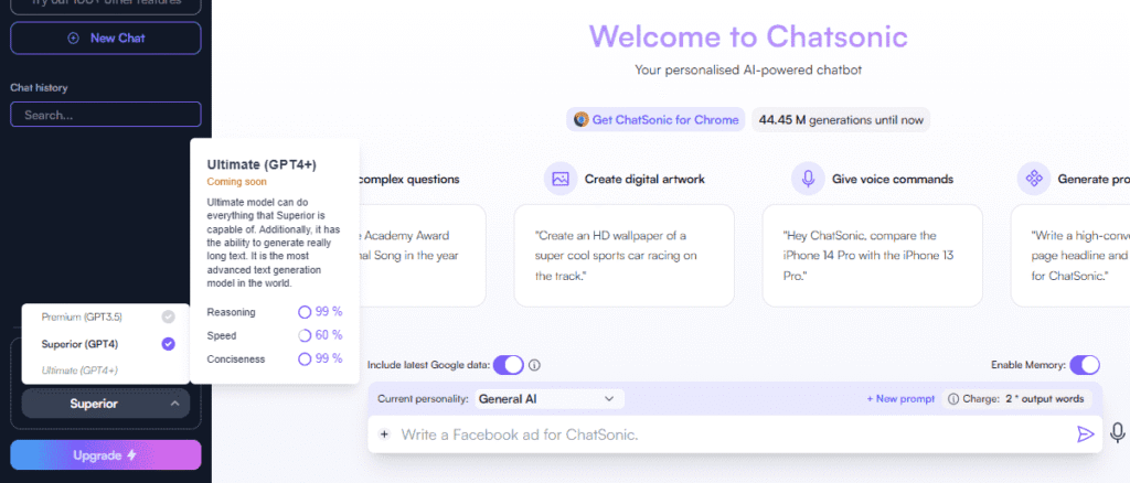 Writesonic's ChatSonic Feature you can choose to use ChatGPT4