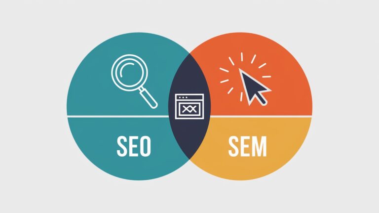 A Venn diagram with two circles representing SEO and SEM, each containing distinct icons (magnifying glass for SEO, mouse pointer for SEM), overlapping to show a small shared space with a webpage icon, on a white background