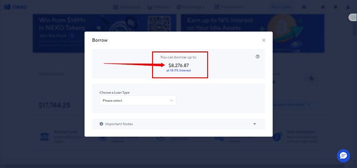 Στιγμιότυπο οθόνης από το λογαριασμό μου στο NEXO που δείχνει πόσα χρήματα μπορώ να δανειστώ αυτήν τη στιγμή