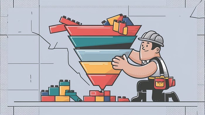 Illustration of a builder building a sales funnel.