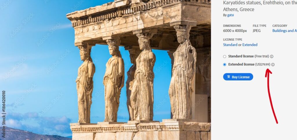 Στιγμιοτυπο απο το Adobe Stock Photos που δειχνει προς πωληση μια φωτογραφία των Καρυατιδων της Ακροπολης.