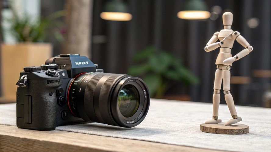Μια DSLR δίπλα απο ένα ομοιωμα ρομποτ.