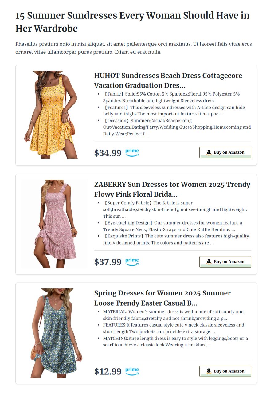 Example showing how listicle articles can look when using Hostinger's free Amazon affiliate plugin.