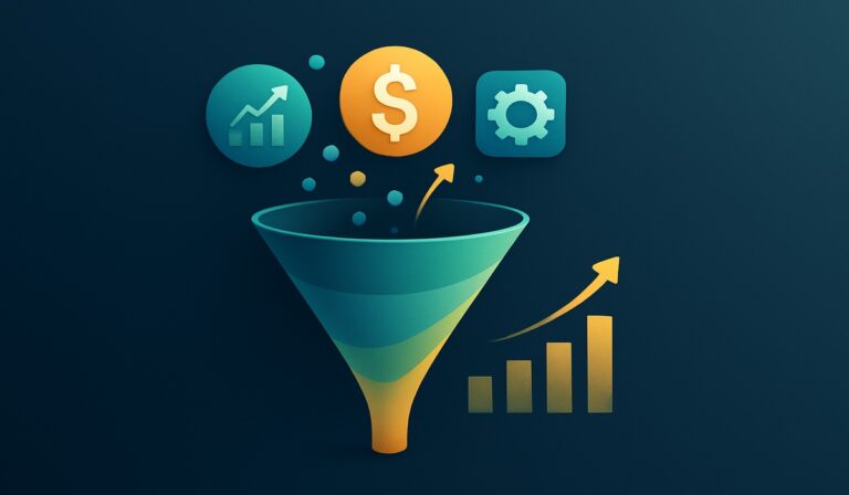 Abstract sales funnel with growth icons, vibrant colors, and clear margins