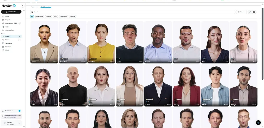 Στιγμιότυπο από το HeyGen που δείχνει την επιλογή των Avatars. Δείτε πόσο ρεαλιστικά φαίνονται.