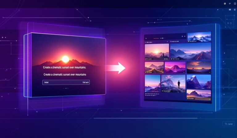 AI video generation tool interface showing text prompt transforming into multiple video thumbnails