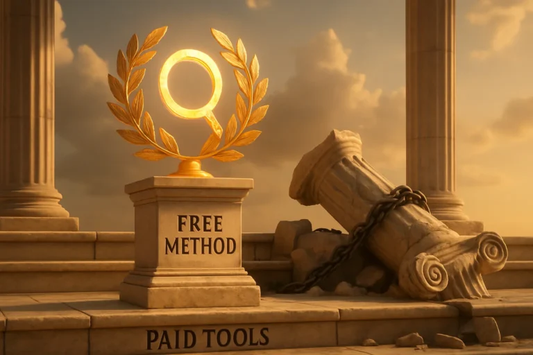 Golden laurel wreath with search icon on "Free Method" pedestal over broken "Paid Tools" column.