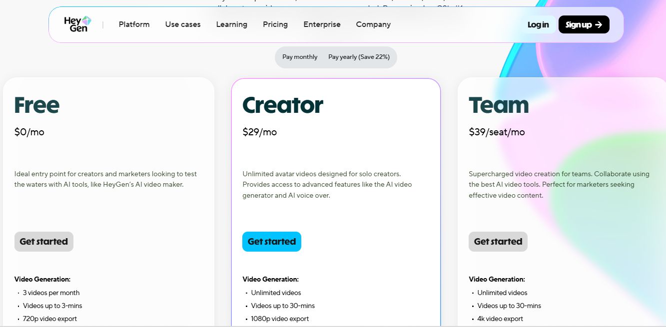 Στιγμιότυπο από τη σελίδα τιμολόγησης της HeyGen