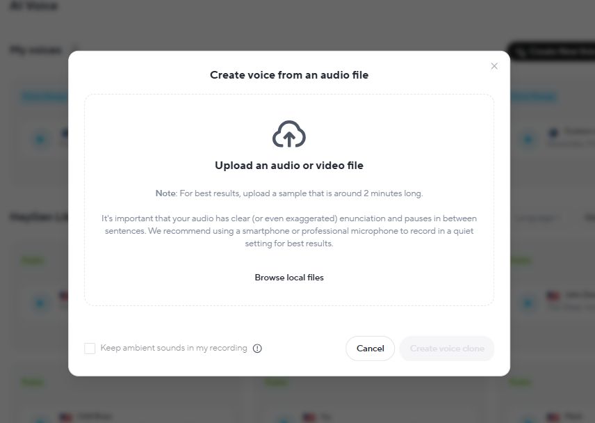 Στιγμιότυπο της οθόνης όπου ανεβάζετε τη φωνή σας στο Heygen