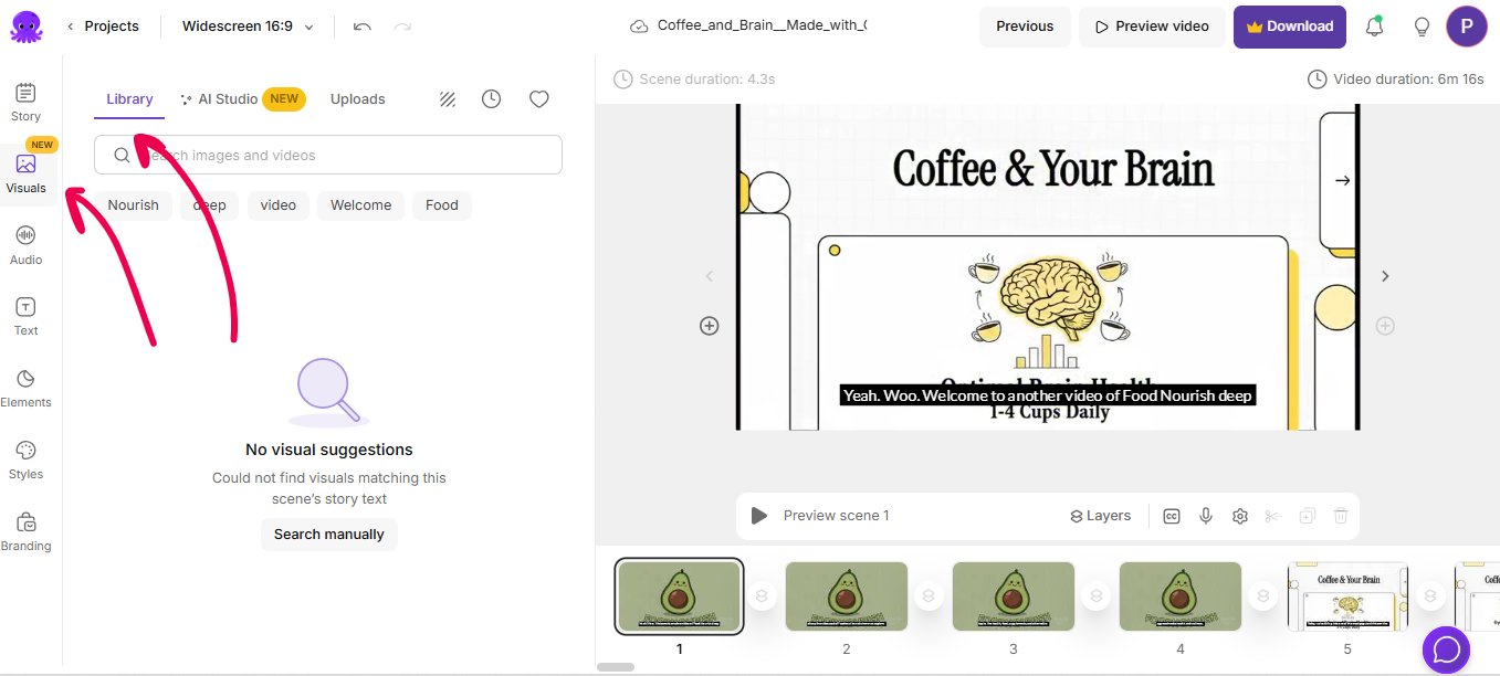 Once you upload your video to Pictory you can add b-rolls and other enhancements via the Visuals tab. You can also create your own b-rolls with Ai-Studio.