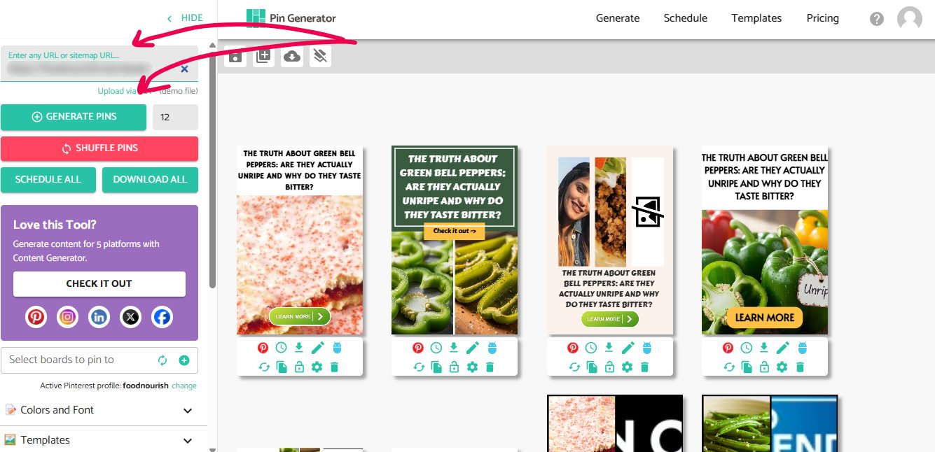Screenshot from my PinGenerator account. Plug your url, Click Generate pins and then Schedule all and you are done.