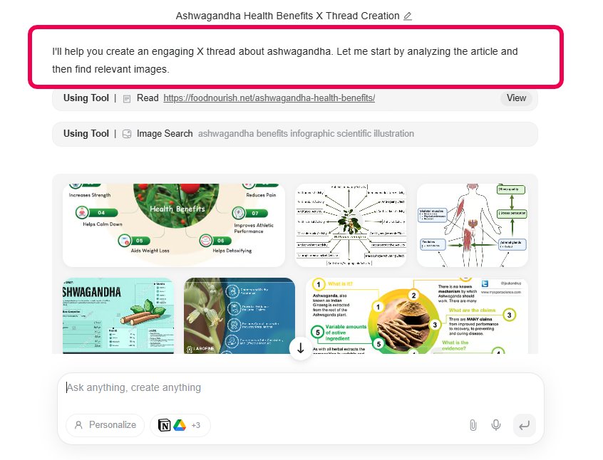 Screenshot from Genspark - it will actually search, analyze and find relevant images to include to each post of your thread.