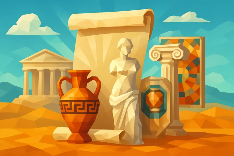 Low-poly Ancient Greece scene showing a scroll transforming into a statue, vase, and column, symbolizing content repurposing.