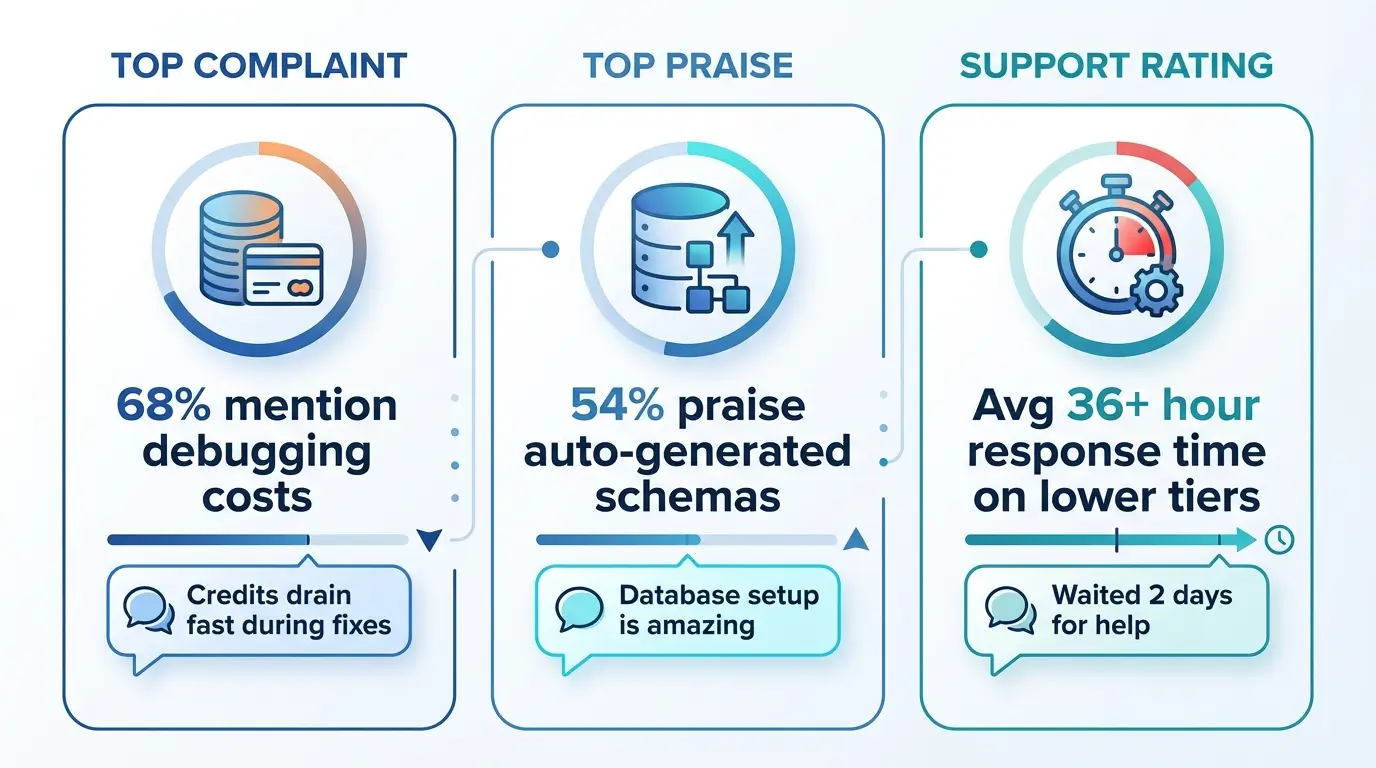 User sentiment summary showing top complaints about credit consumption and top praise for database generation