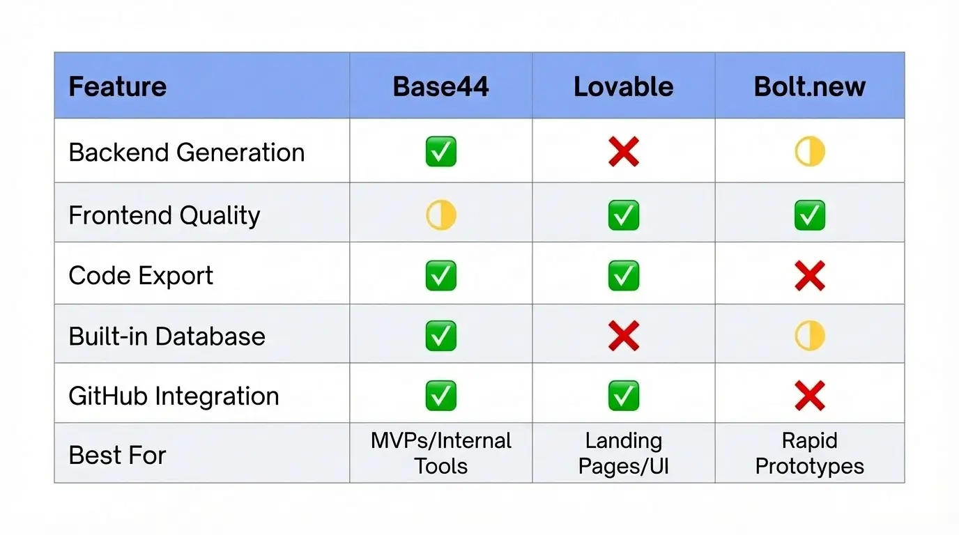 Feature comparison matrix showing Base44, Lovable, and Bolt.new capabilities across six categories
