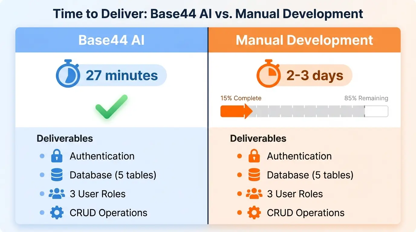 Time comparison showing Base44 completing MVP in 27 minutes versus 2-3 days for manual development