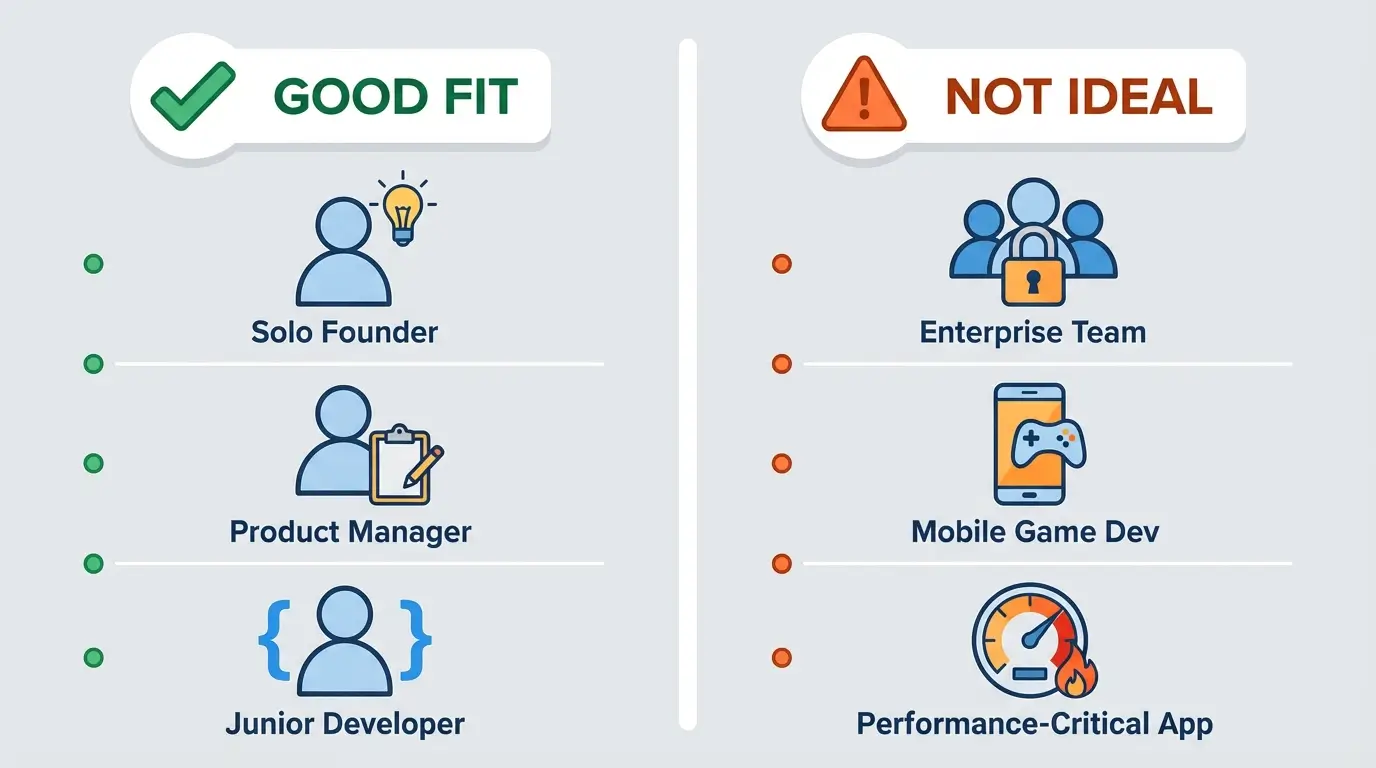 Audience fit diagram showing ideal Base44 users (solo founders, PMs, junior devs) versus non-ideal users (enterprise, mobile games, performance apps)