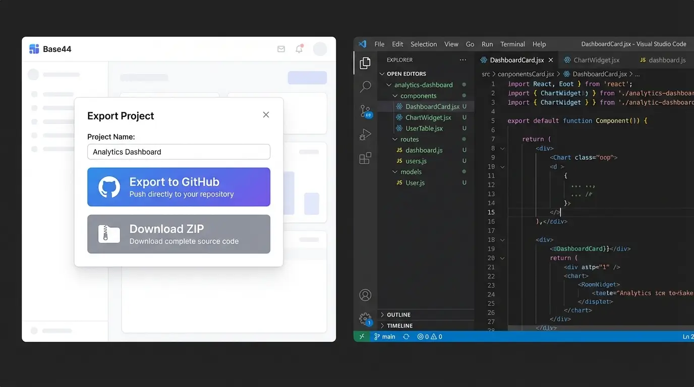 Base44 code export dialog alongside VS Code showing exported React and Node.js file structure