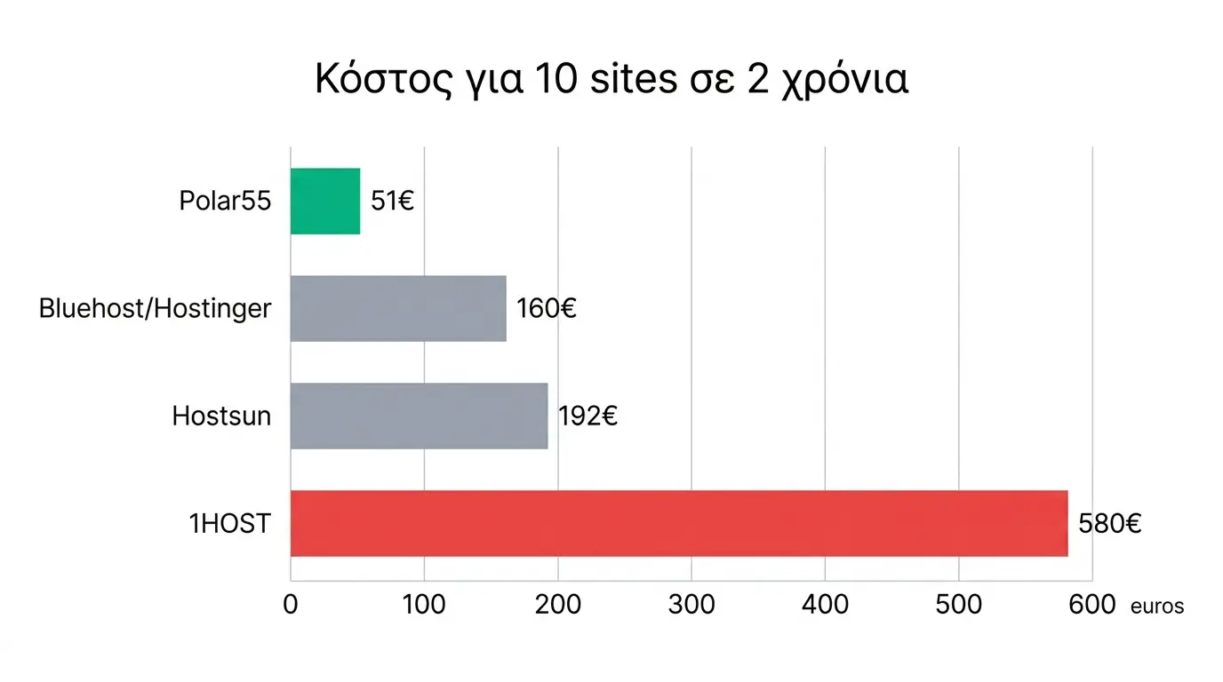 Bar chart σύγκρισης κόστους hosting για 10 sites σε 2 χρόνια, Polar55 51 ευρώ έναντι 1HOST 580 ευρώ