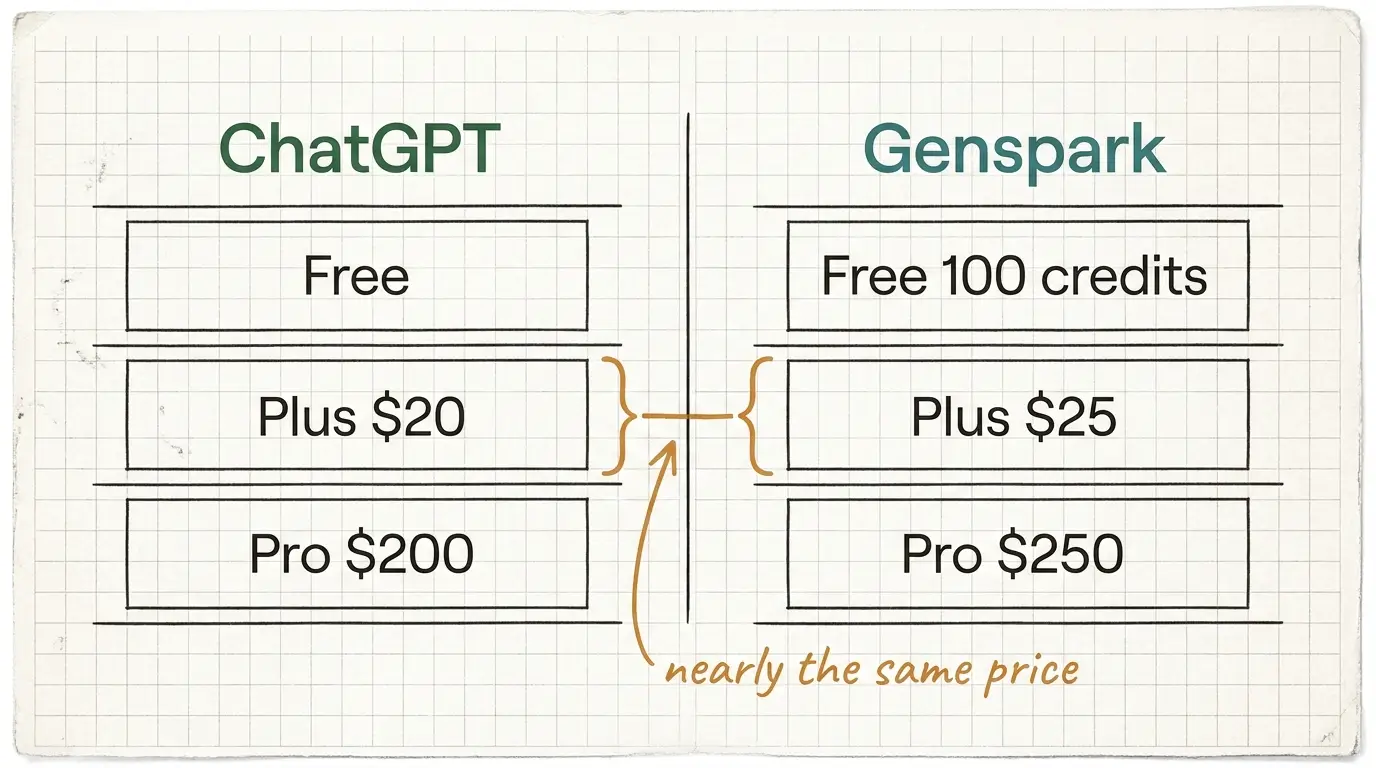Pricing tiers for ChatGPT and Genspark side by side, free, mid, and top plans