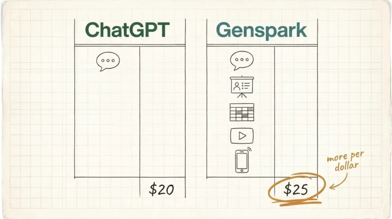 Genspark vs ChatGPT comparison showing $25 Genspark plan with multiple tools versus $20 ChatGPT plan with chat only