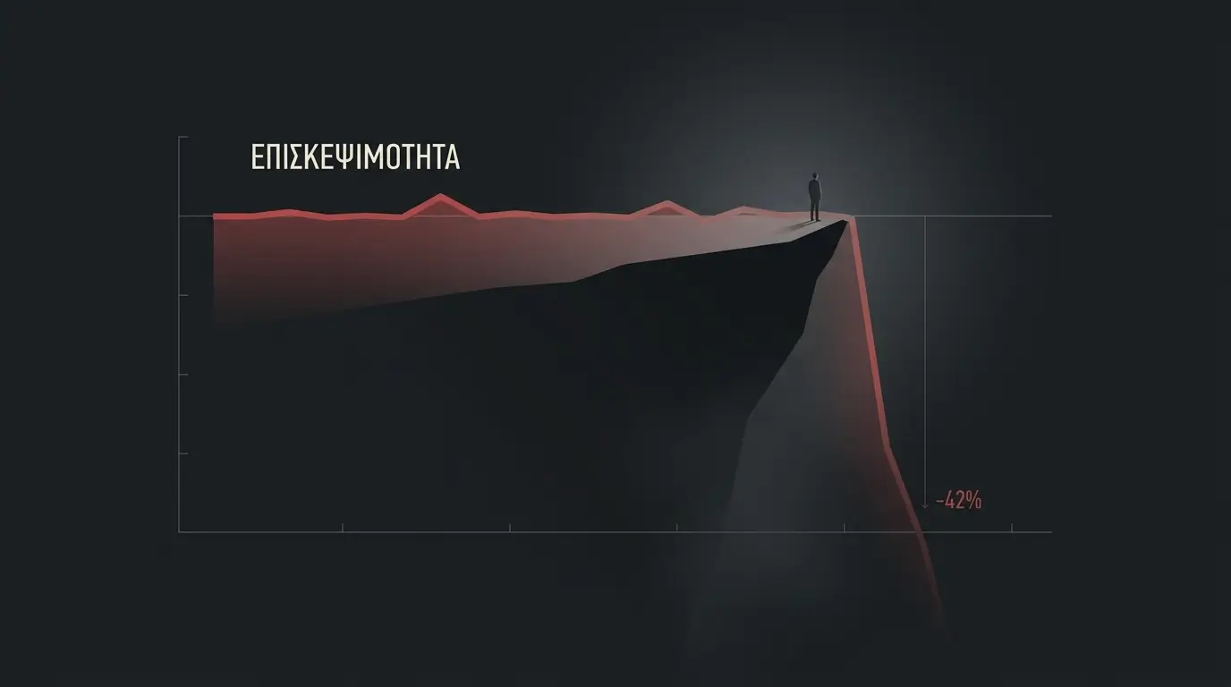 Γράφημα επισκεψιμότητας που πέφτει απότομα σαν από γκρεμό, με μια μικρή σιλουέτα να κοιτά την πτώση από την κορυφή.