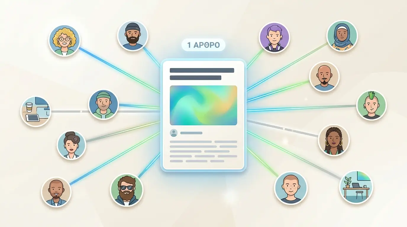 Δίκτυο φωτεινών κόμβων που συνδέει ένα άρθρο με πολλούς αναγνώστες, δείχνοντας πώς ο αλγόριθμος συστάσεων μοιράζει το περιεχόμενο