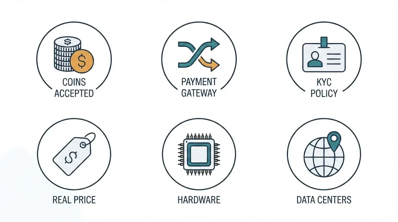 Six ranking criteria for Bitcoin VPS providers shown as flat labeled icon badges.