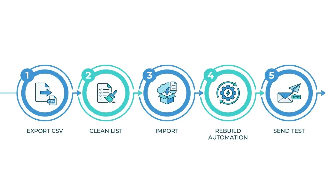 Infographic πέντε βημάτων για μετάβαση από Mailchimp σε Systeme.io με export CSV, καθάρισμα λίστας, import, αυτοματισμούς και test