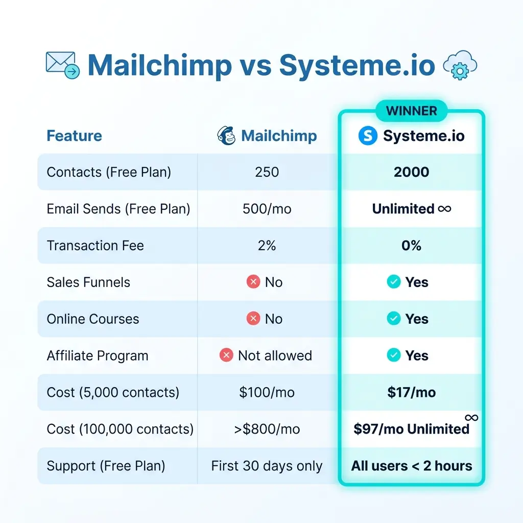 Συγκριτικός πίνακας Mailchimp vs Systeme.io με τιμές, επαφές, αποστολές email και features στα free και επί πληρωμή πλάνα