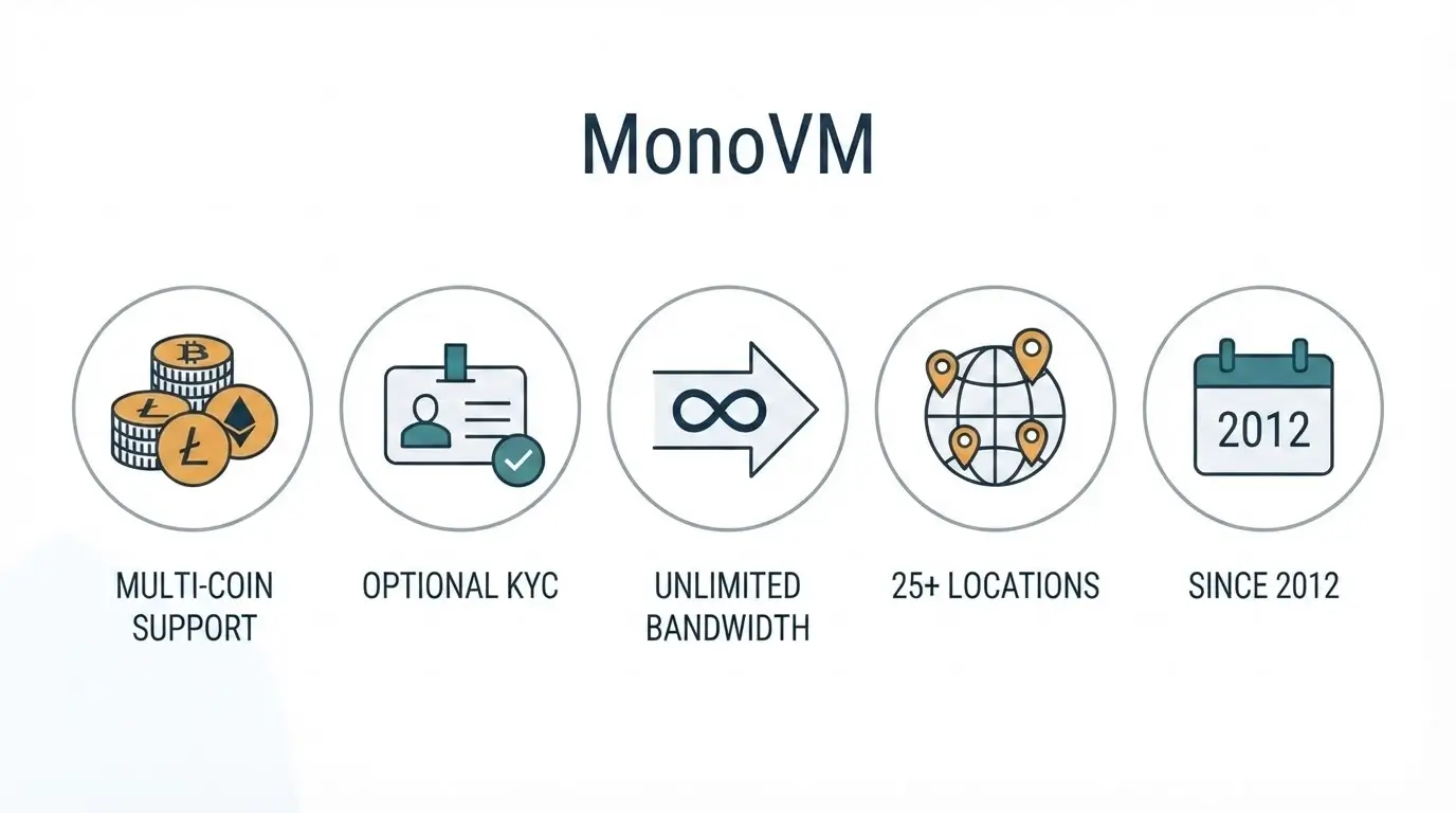 MonoVM Bitcoin VPS strengths including multi-coin support, optional KYC, and 25 plus locations