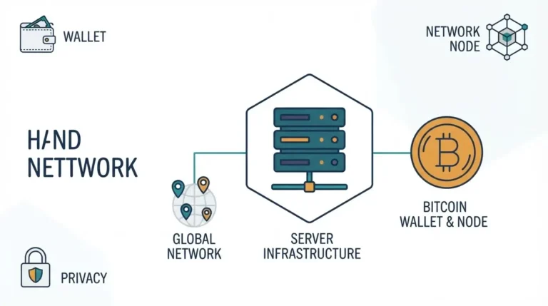 Flat illustration of a VPS server connected to a Bitcoin symbol and global data center locations