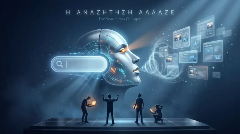 Μπάρα αναζήτησης της Google που μεταμορφώνεται σε πρόσωπο AI και απορροφά ιστοσελίδες, ενώ από κάτω bloggers βλέπουν το περιεχόμενό τους να χάνεται.