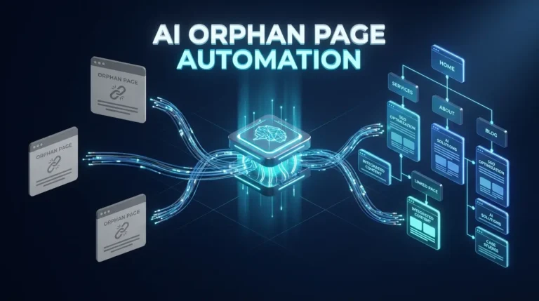 "3D isometric illustration showing AI-powered SEO automation: isolated gray webpage cards on the left representing orphaned content, a glowing cyan AI core in the center emitting smart data threads, and a connected website hierarchy with Homepage, Blog, Products, and About pages on the right. Bold text overlay reads 'AI ORPHAN PAGE AUTOMATION' against a dark navy background with SEO icons."