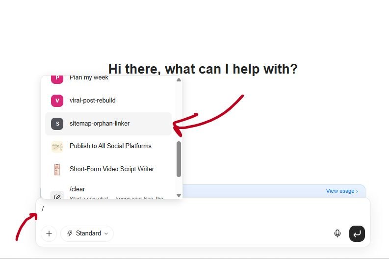 Genspark AI chat interface showing a dropdown menu of available skills with red arrows pointing to the forward slash command button and the 'sitemap-orphan-linker' skill option highlighted in the list