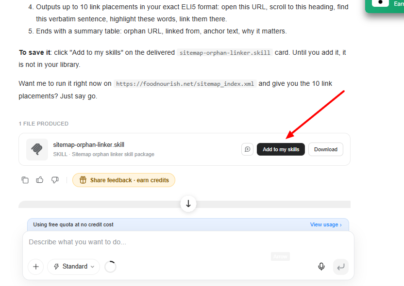 File card displaying 'sitemap-orphan-linker.skill' package with a red arrow pointing to the black 'Add to my skills' button, alongside a Download option
