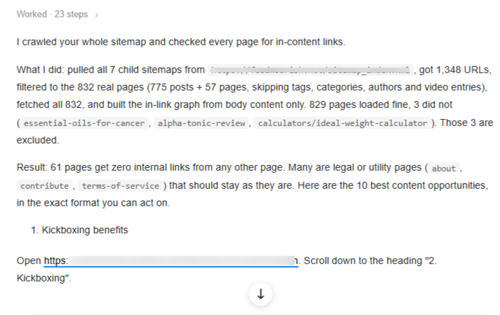 Results screen showing the AI's sitemap analysis summary: 1,348 URLs crawled, 832 real pages filtered, 61 orphan pages found, with the first result showing 'Kickboxing benefits' and step-by-step linking instructions